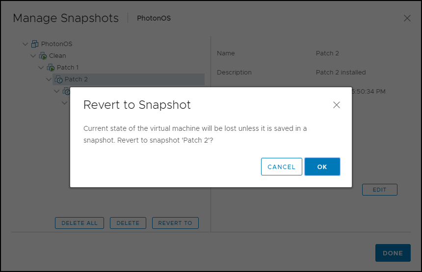 Reverting a VMware vSphere snapshot Message