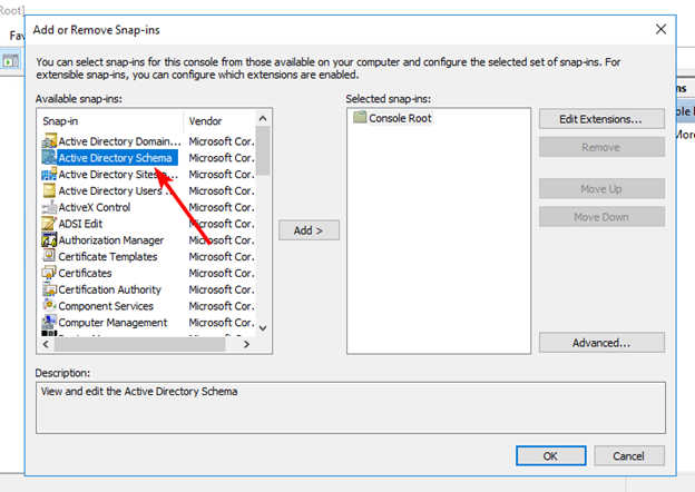 Add the Active Directory Schema snap-in to the Management Console