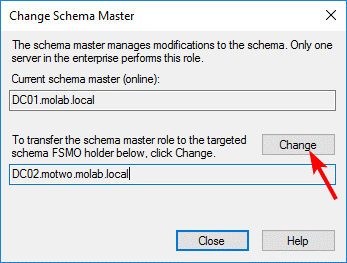 Transfer of the Schema Master role to the targeted domain controller